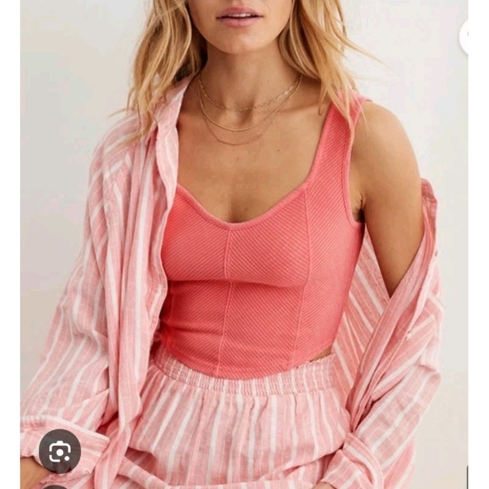 Aerie Pink Ribbed Fitted Corset Cropped Summer Cute Casual Tank Top Size XL - Picture 2 of 8